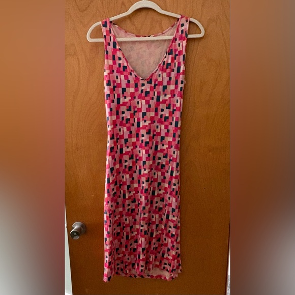 Diane Von Furstenberg Pink, Cream & Navy Geometric 100% Silk Ruched Sheath Dress - Picture 4 of 9